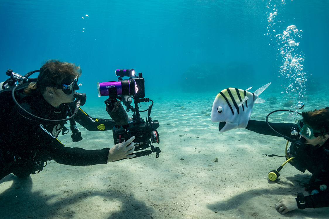 <p "="">An underwater photograph of two divers, one of them operating a puppet of a fish and the other filming the scene.