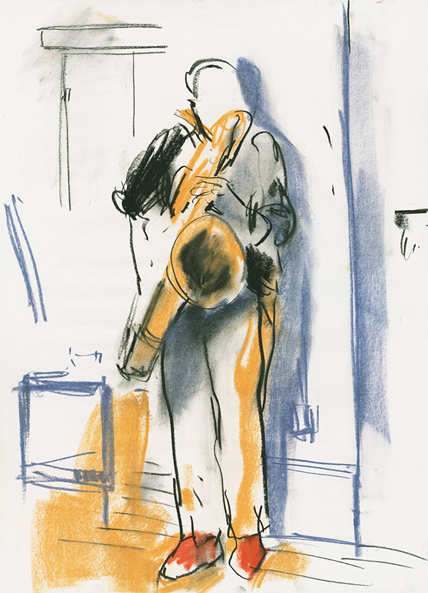 <p "="">A loose, color illustration of a person playing a saxophone.