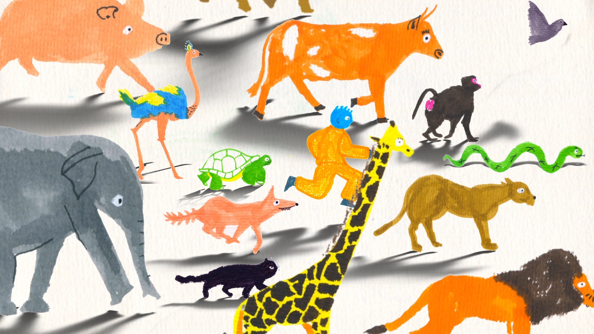 Animation still of man running among animals like a turtle, fox, elephant, ostrich, cat, snake, and baboon