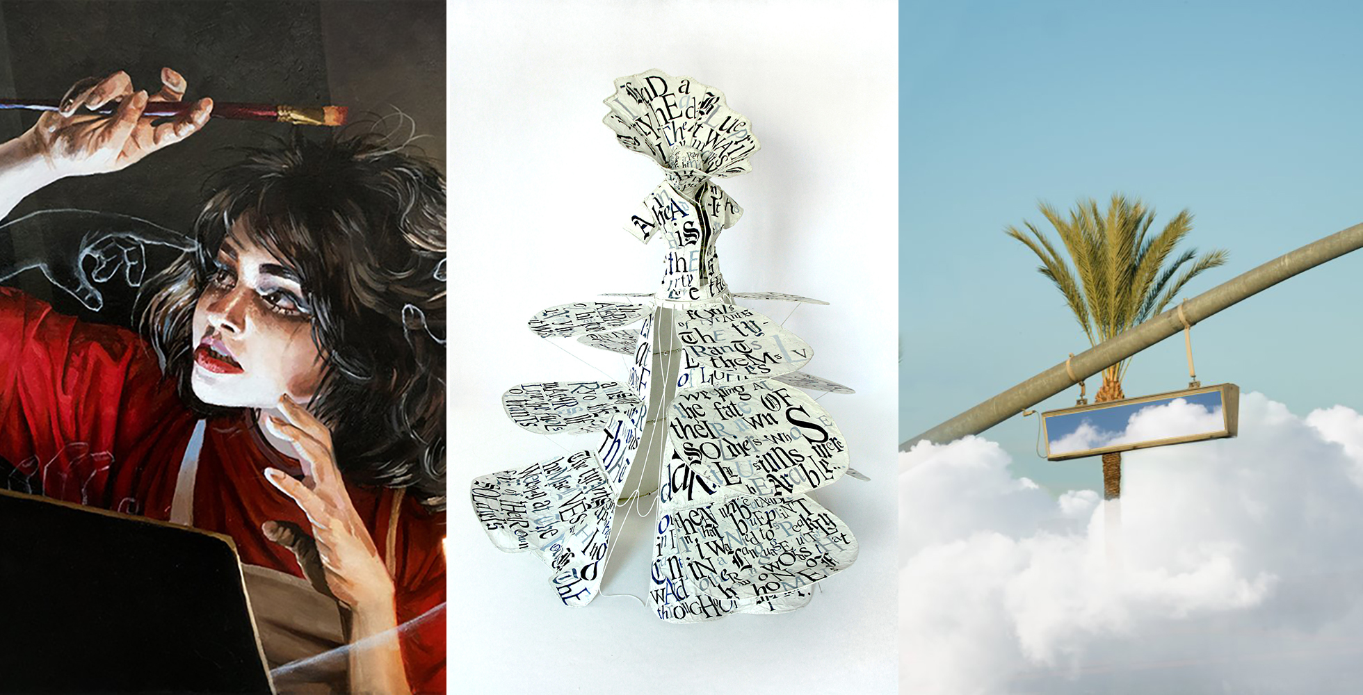 <p "="">Left, illustration of a girl with a paintbrush; center, a dress made of paper that is covered with text; right, a palm tree emerges from a cloud and a mirror hangs in front of it.