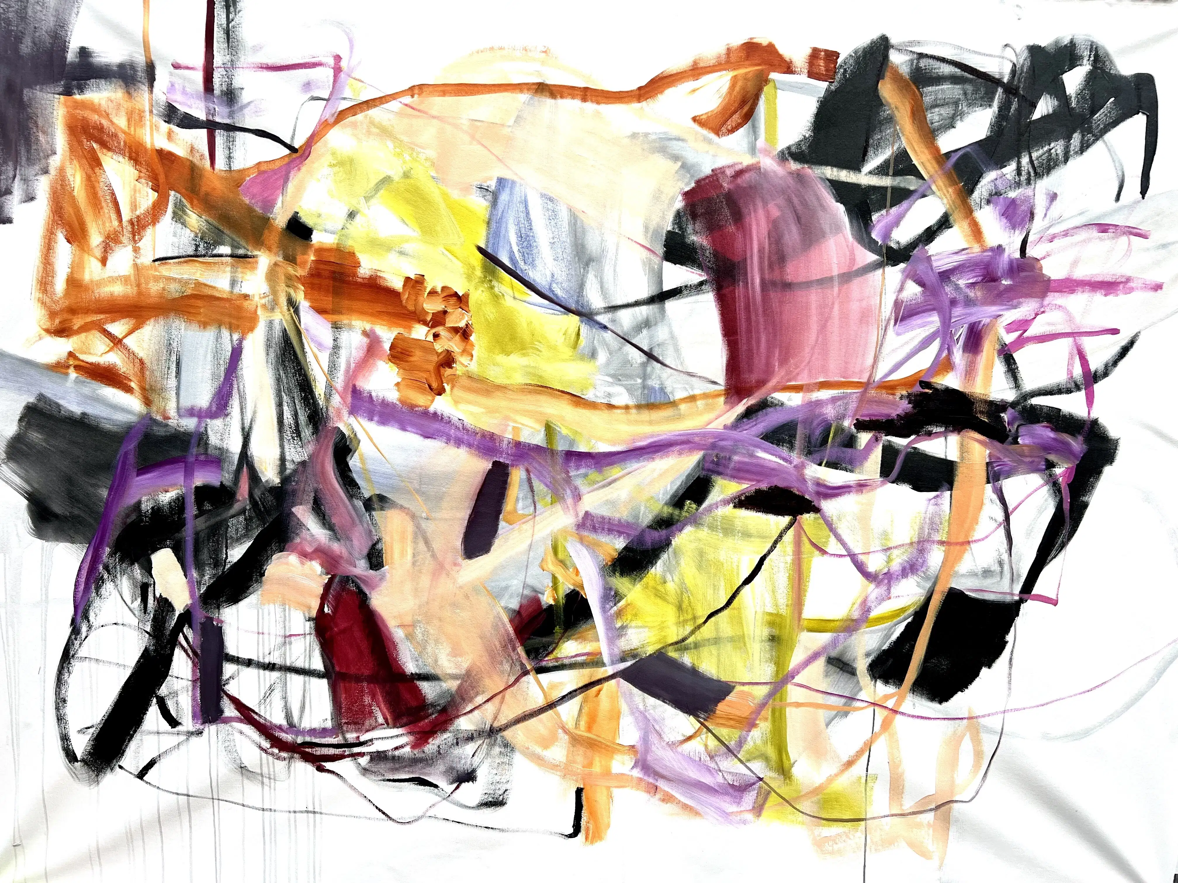 Abstract painting in yellow, pink, black and yellow.