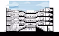 A cross-sectional diagram of a multi-level building. The drawing shows a structure with five levels primarily cut in half to make the interior plans visible. The drawing is black and white, with a blue sky visible in the top center of the image.