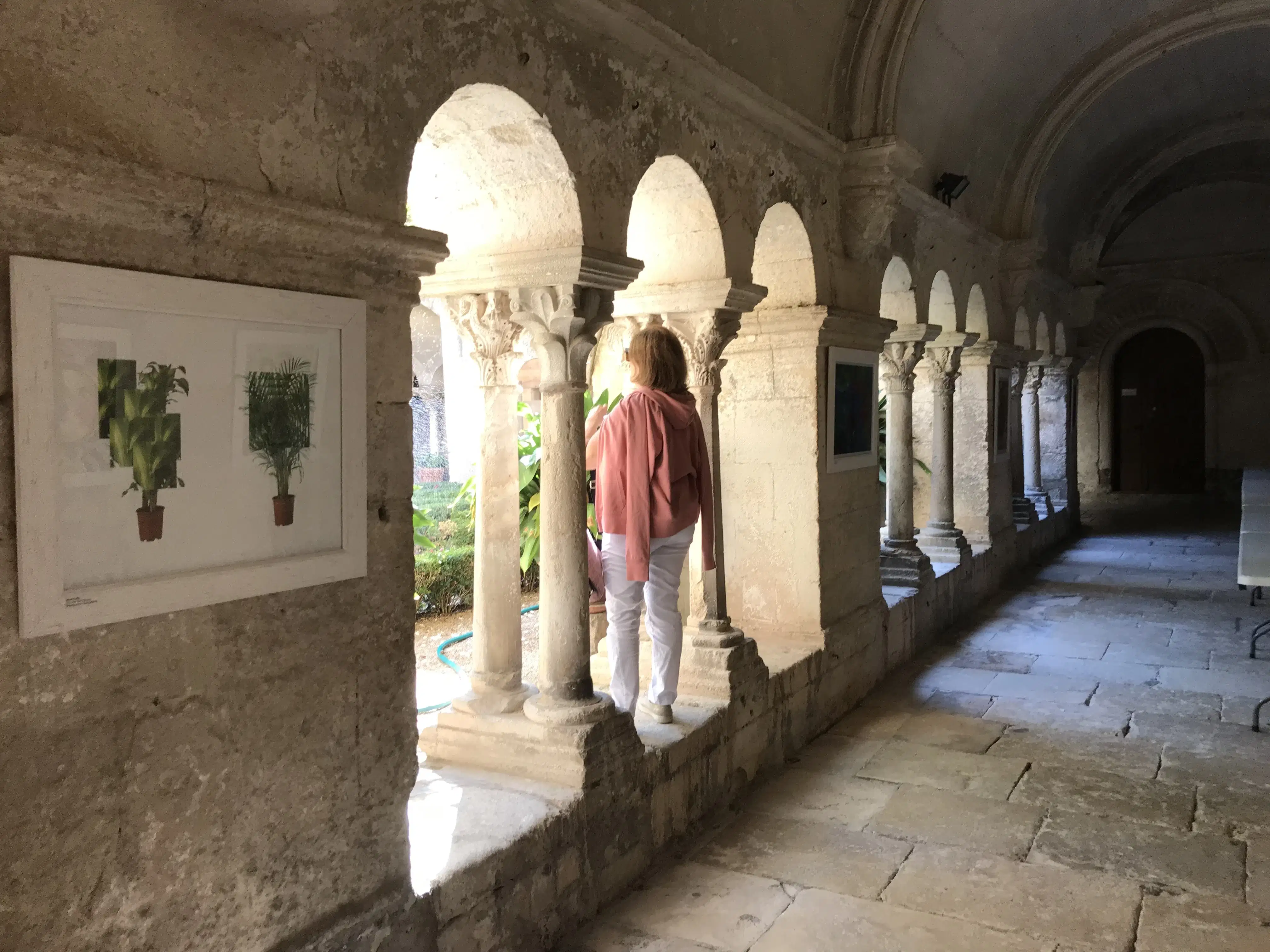 Looking down one of the halls, the architecture of the building is accentuated by it's lofty arched ceiling and natural light. A framed work in which images of plants have been digitally altered hangs on the wall.