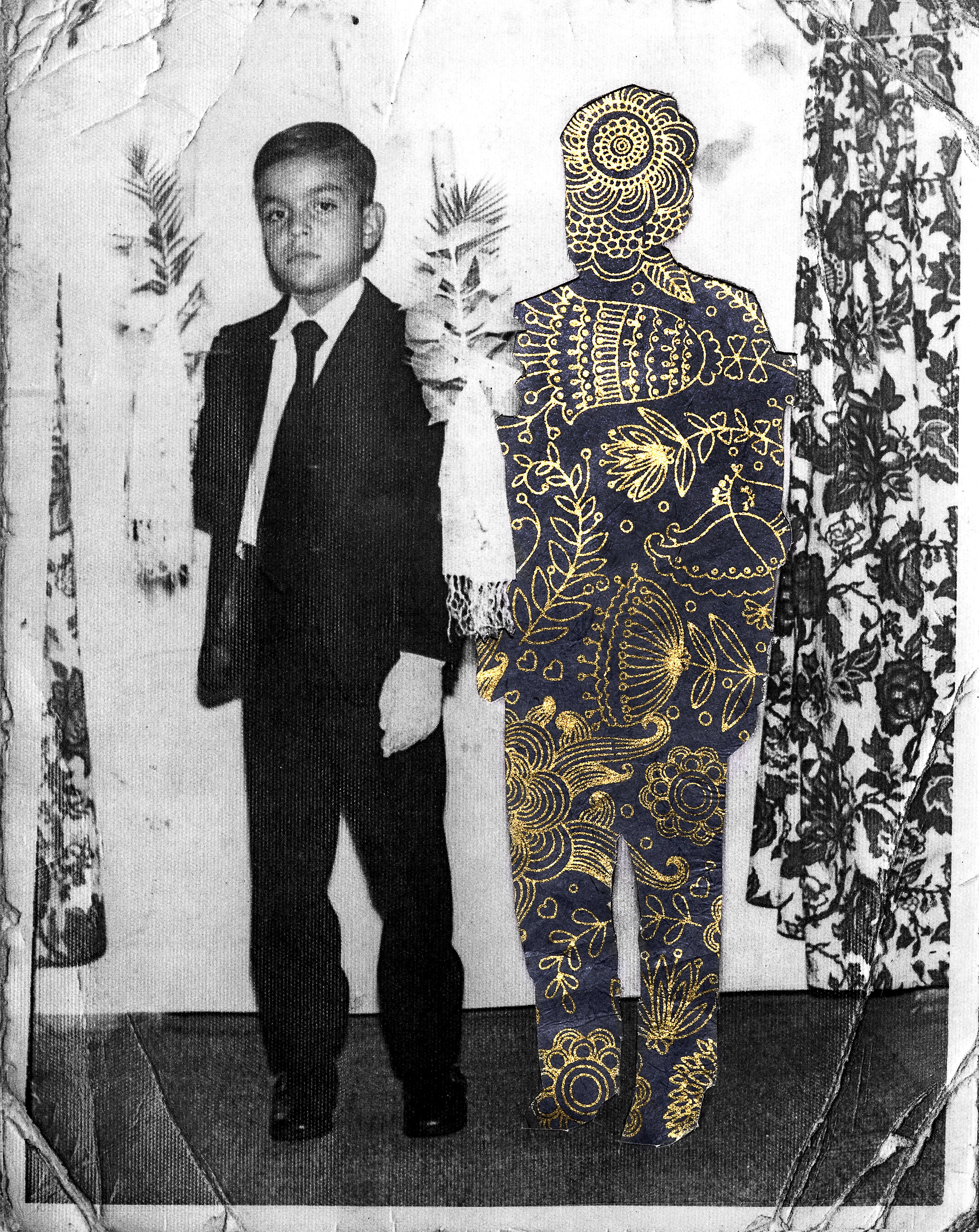 <p "="">A collage incorporating a black-and-white family photograph of a boy wearing a suit and a silhouette of a figure cut from a floral pattern.
