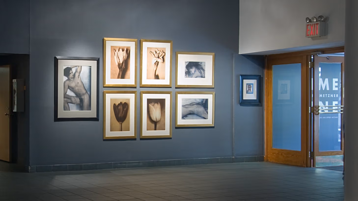 Photograph from inside lobby gallery of Visual Arts Museum with exhibition text, "Time Line: Sheila Metzner" on the wall to the far right, on the left are several framed photographs of nudes and flowers.