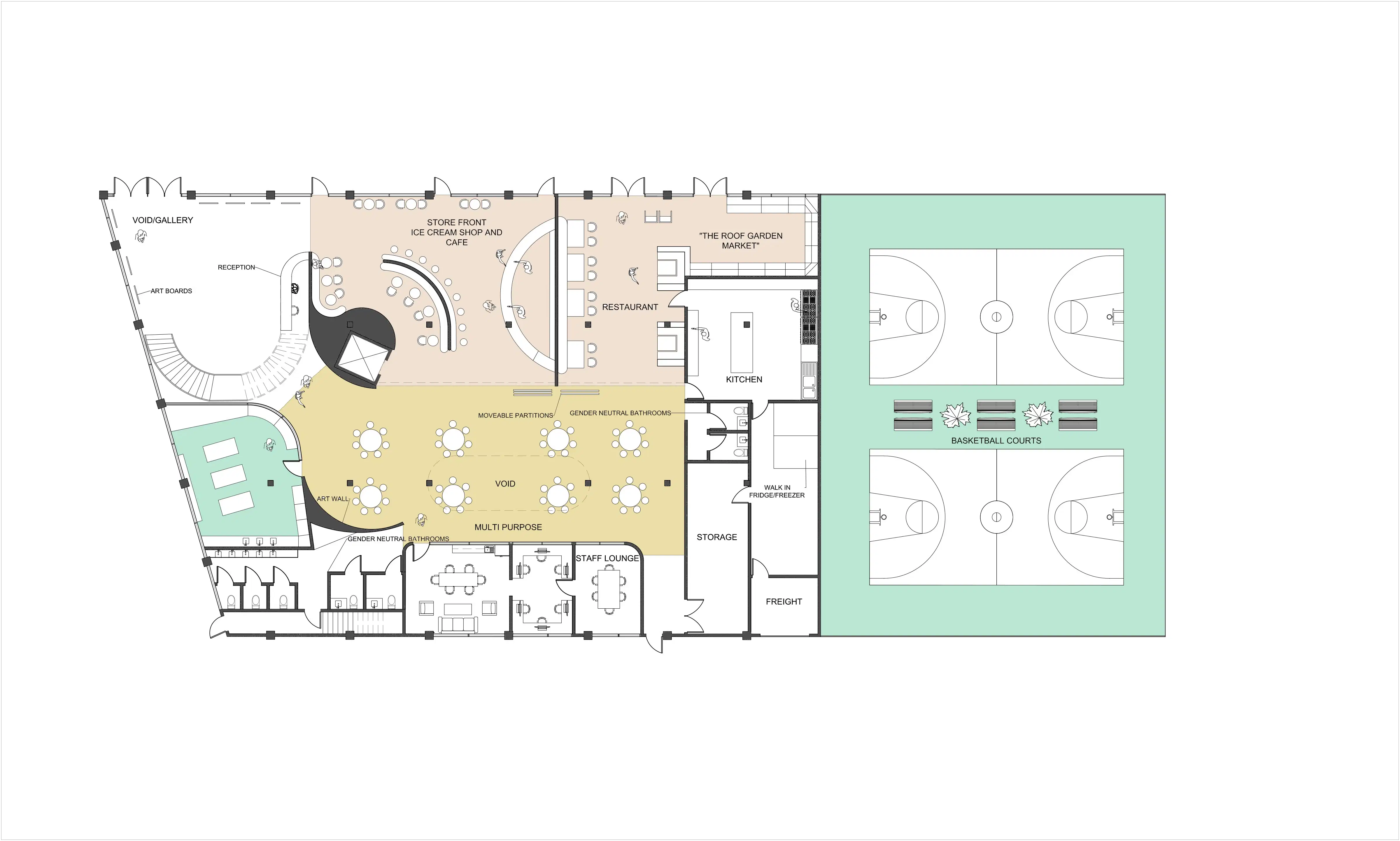 Floorplan of building interior. A detailed floorplan is shown of a proposed Community Justice Center. The floorplan is mostly black and white, with each room given a different background color. 