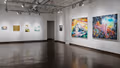 Exhibition photograph of “Between Picture and Viewer," with five small abstract paintings in muted colors on the back left wall, and on the right wall is a small black abstract painting next to two larger figurative paintings in bright colors.