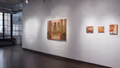 Exhibition photograph of “Between Picture and Viewer: The Image in Contemporary Painting," showing four paintings on wall, all in muted earth tones.