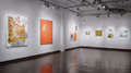 Exhibition photograph of “Between Picture and Viewer," with three large abstract paintings on the left wall and five smaller ones to the right.