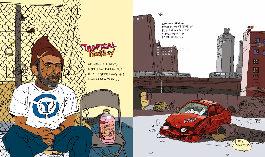 A colored drawing of a man in a Nike beanie. There is also a beat up red car in the other side.