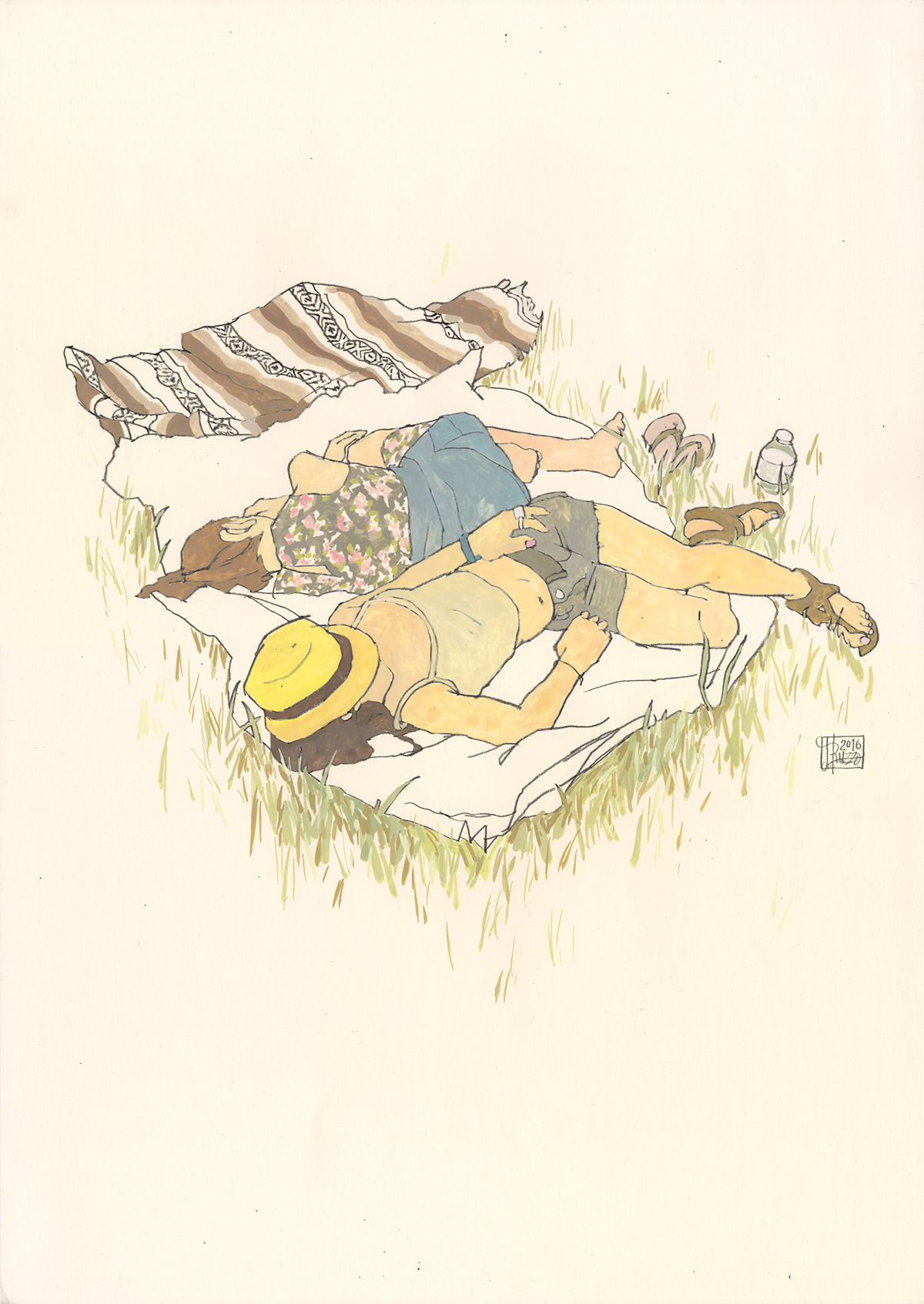 A color illustration of two figures lying in rest on a blanket in the grass.