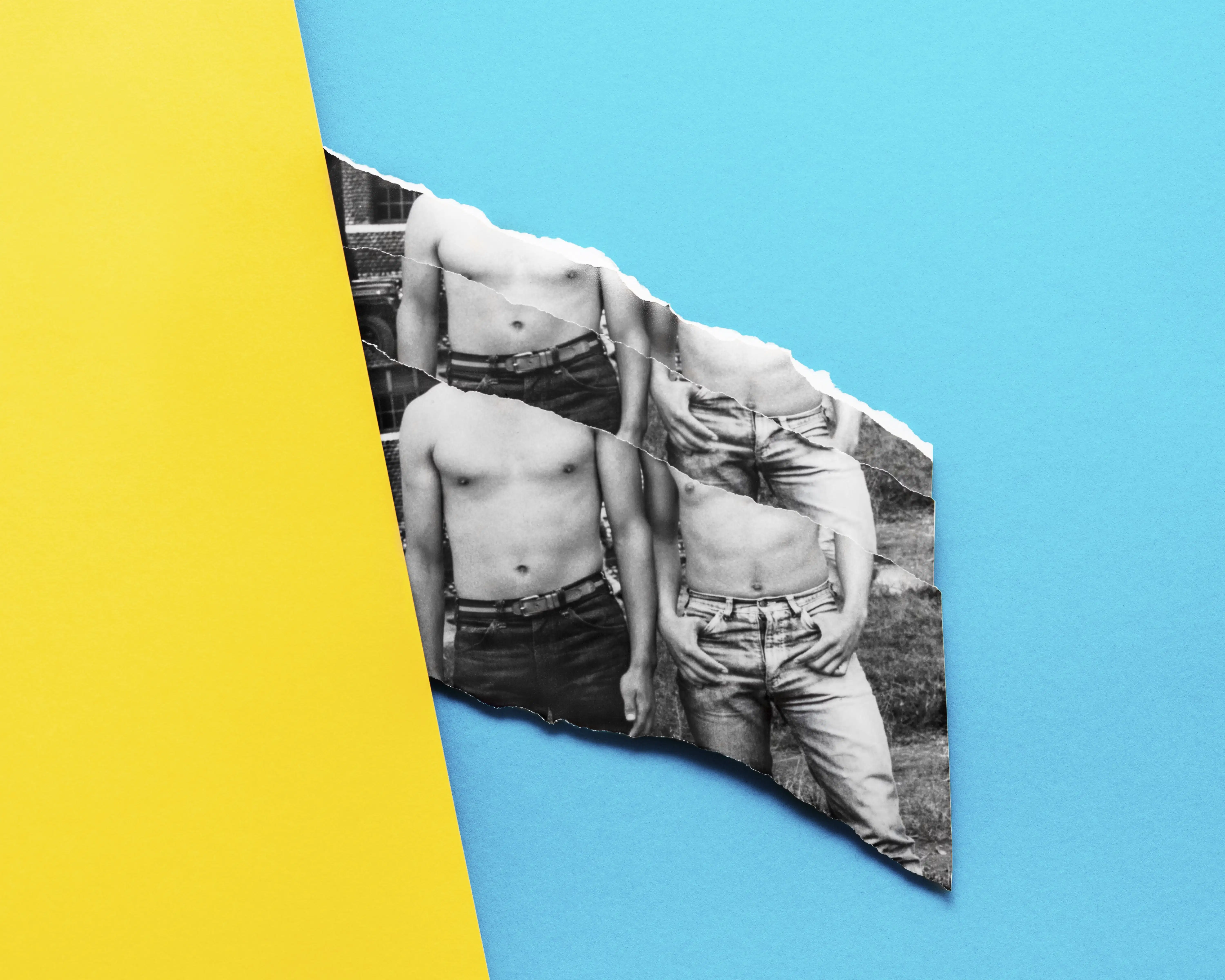 <p "="">A collage featuring a torn and repeated black-and-white photograph of two men's bare-chested torsos and solid yellow and blue shapes.
