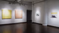 Exhibition photograph of “Between Picture and Viewer" showing two walls of gallery. On the left are two abstract paintings in yellow and orange, respectively, and on the right is a photorealistic painting of an island next to an abstract painting.