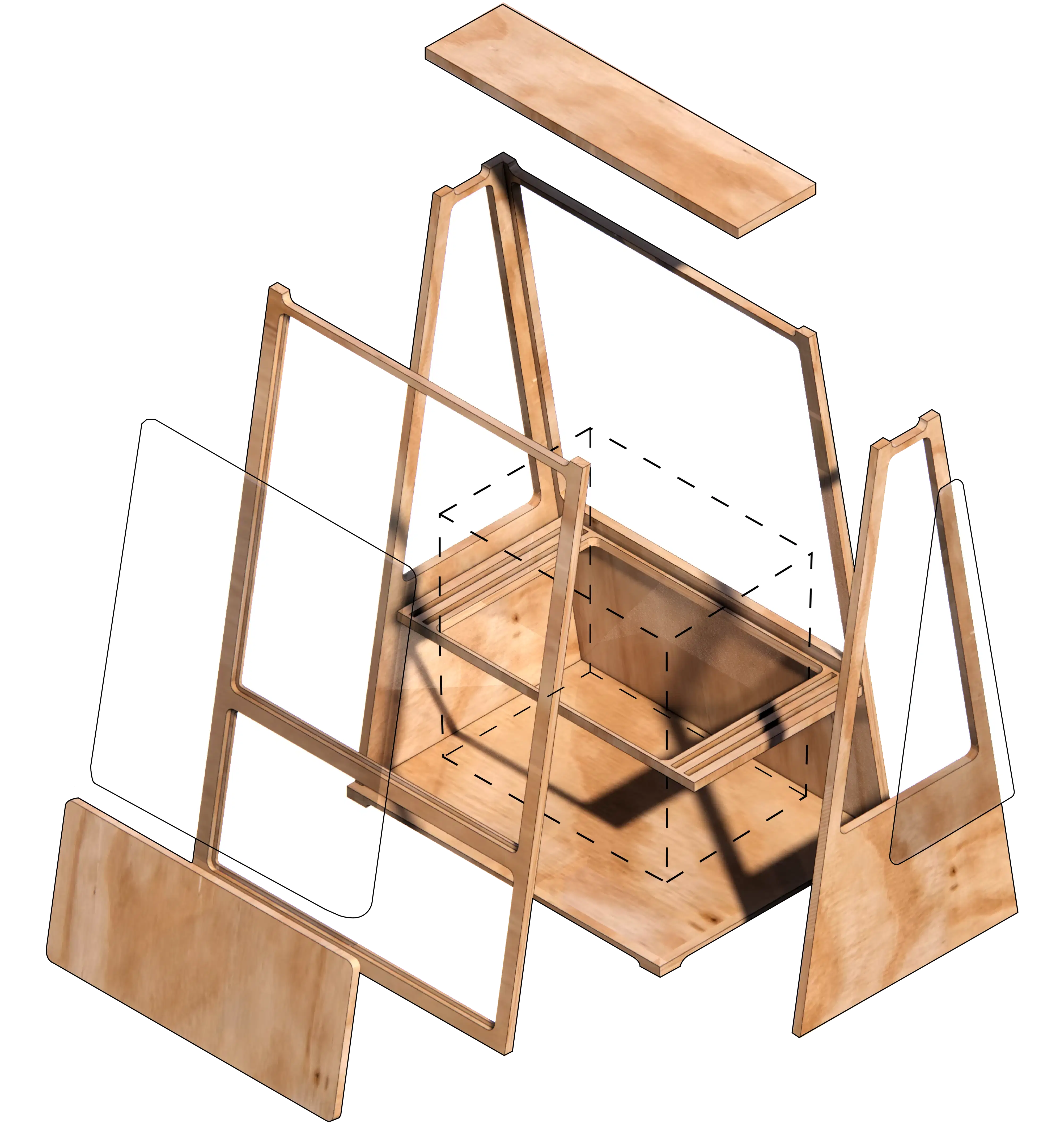 3D rendering of a mobile greenhouse project assembly diagram. A wooden rectangular structure is visible, with framed beams depicted slightly separated from the rectangular central container in a way that infers how the structure can be assembled