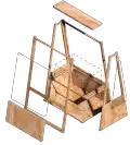 3D rendering of a mobile greenhouse project assembly diagram. A wooden rectangular structure is visible, with framed beams depicted slightly separated from the rectangular central container in a way that infers how the structure can be assembled