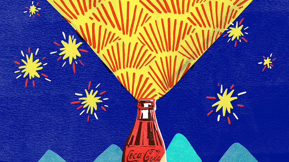 <p "="">A screenprint-style color illustration for a Coca Cola advertisement, featuring a Coke bottle, mountains in the distance and either fireworks or stars in a blue sky.