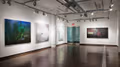 Exhibition photograph of “Between Picture and Viewer" showing two walls of gallery. On the left is a green and blue painting, to its right are two light pastel paintings, and on the far right wall is a rectangular abstract painting in dark colors.