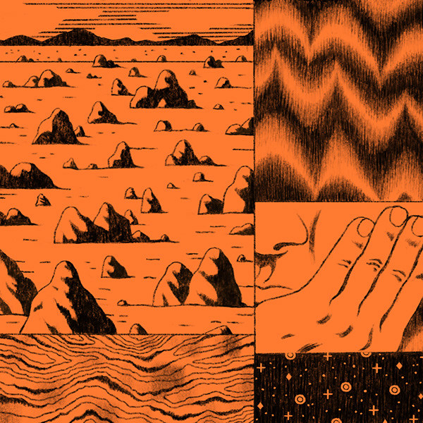 <p "="">A five-panel, orange-and-black illustration of various subjects.