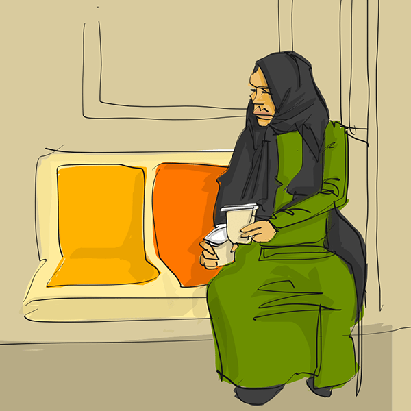 <p "="">A color sketch of a woman in a green dress and black hijab, sitting on a bench seat of a subway car, holding what looks like two takeout cups of coffee.