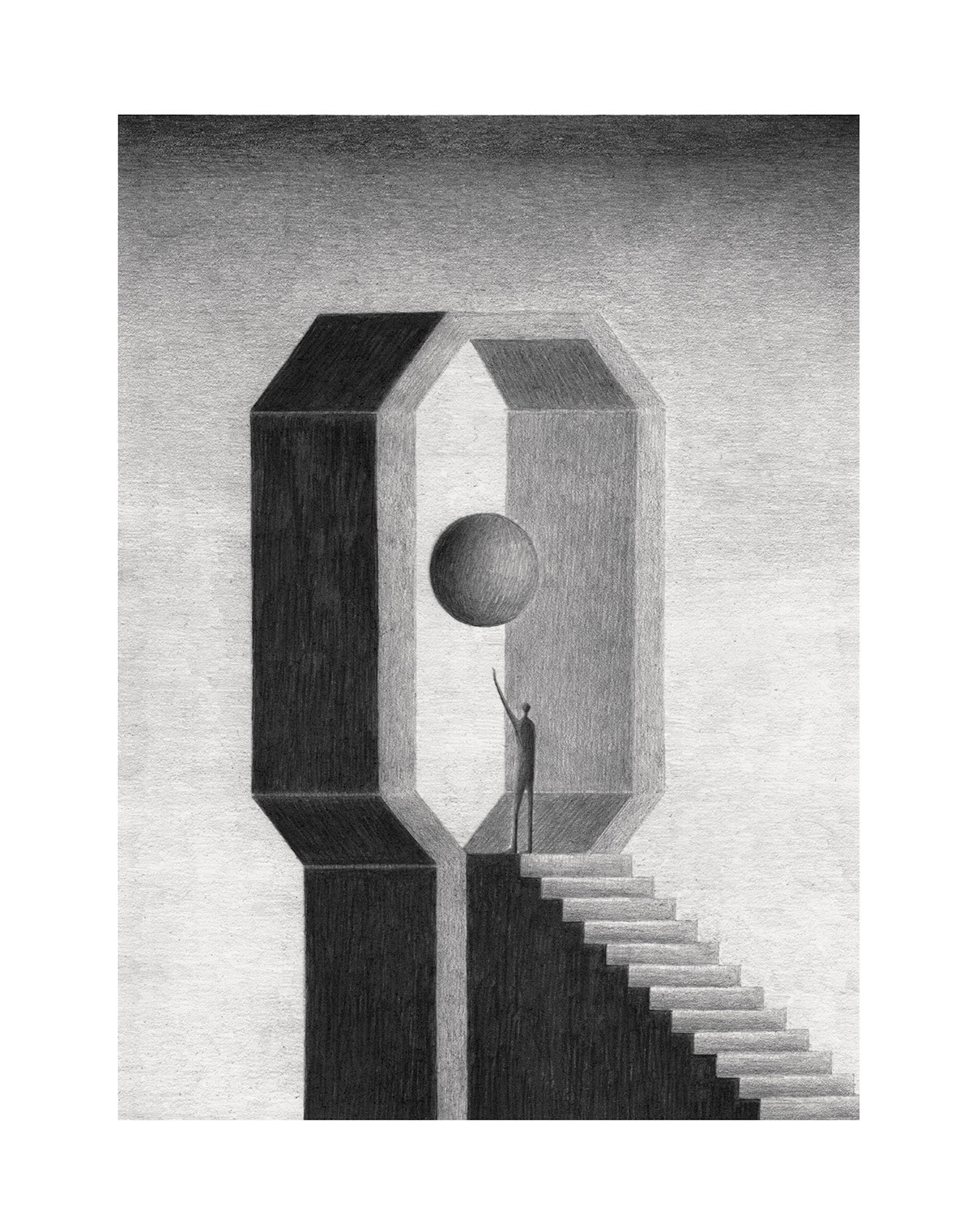 <p "="">A black-and-white illustration of a figure standing at the top of a set of stairs and raising his arm toward a floating sphere.