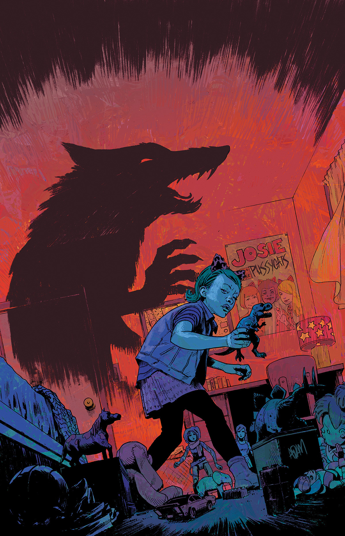 <p "="">A comic-book style illustration of a girl playing with toys in a bedroom with a large shadow of a wolf looming behind her.