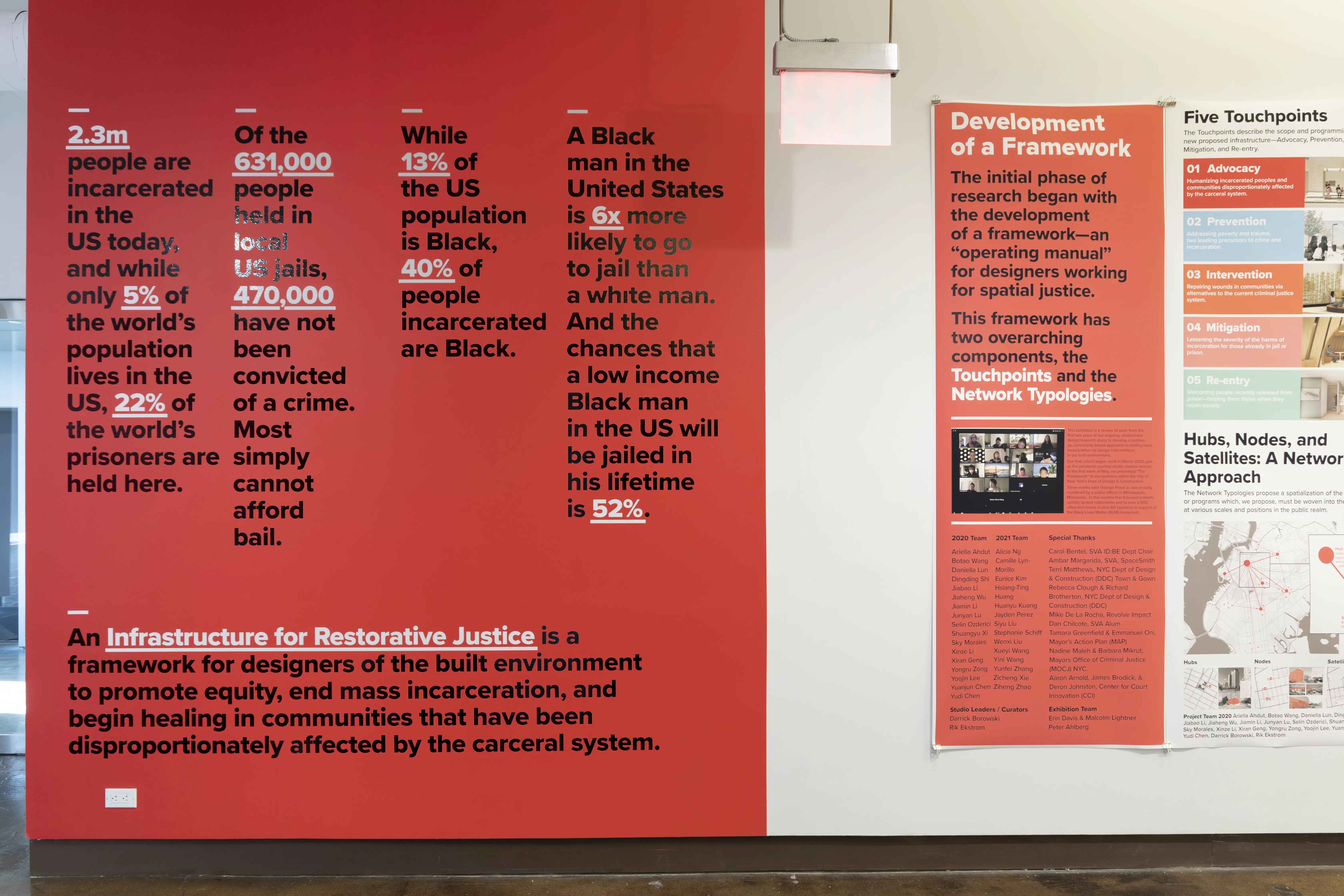 Multiple views of SVA Chelsea Gallery. Posters are hung on the walls. The second gallery has two projections on opposite walls with chairs in the center. 