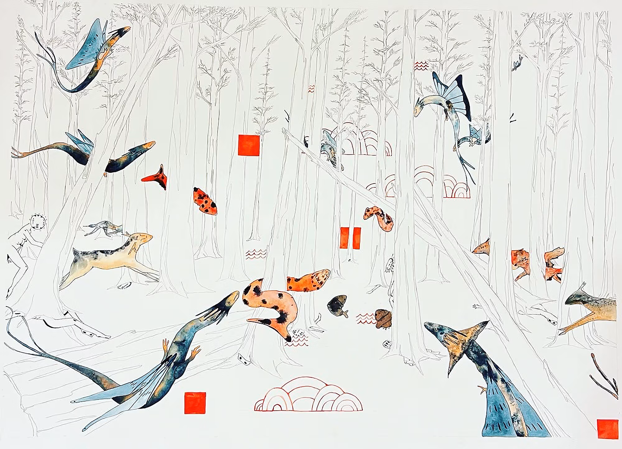Drawing of a forest with various animals painted in watercolor. The forest and trees are all white and the animals are painted in color.