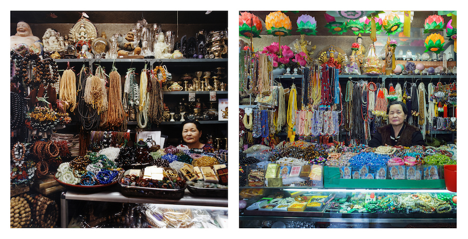 <p "="">Two color, square-formatted photographs, side by side, of a shopkeeper in a store filled with necklaces, statuettes and other items.