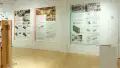 Exhibition view of An Infrastructure for Restorative Justice, featuring wooden sculpture and large posters on the walls.