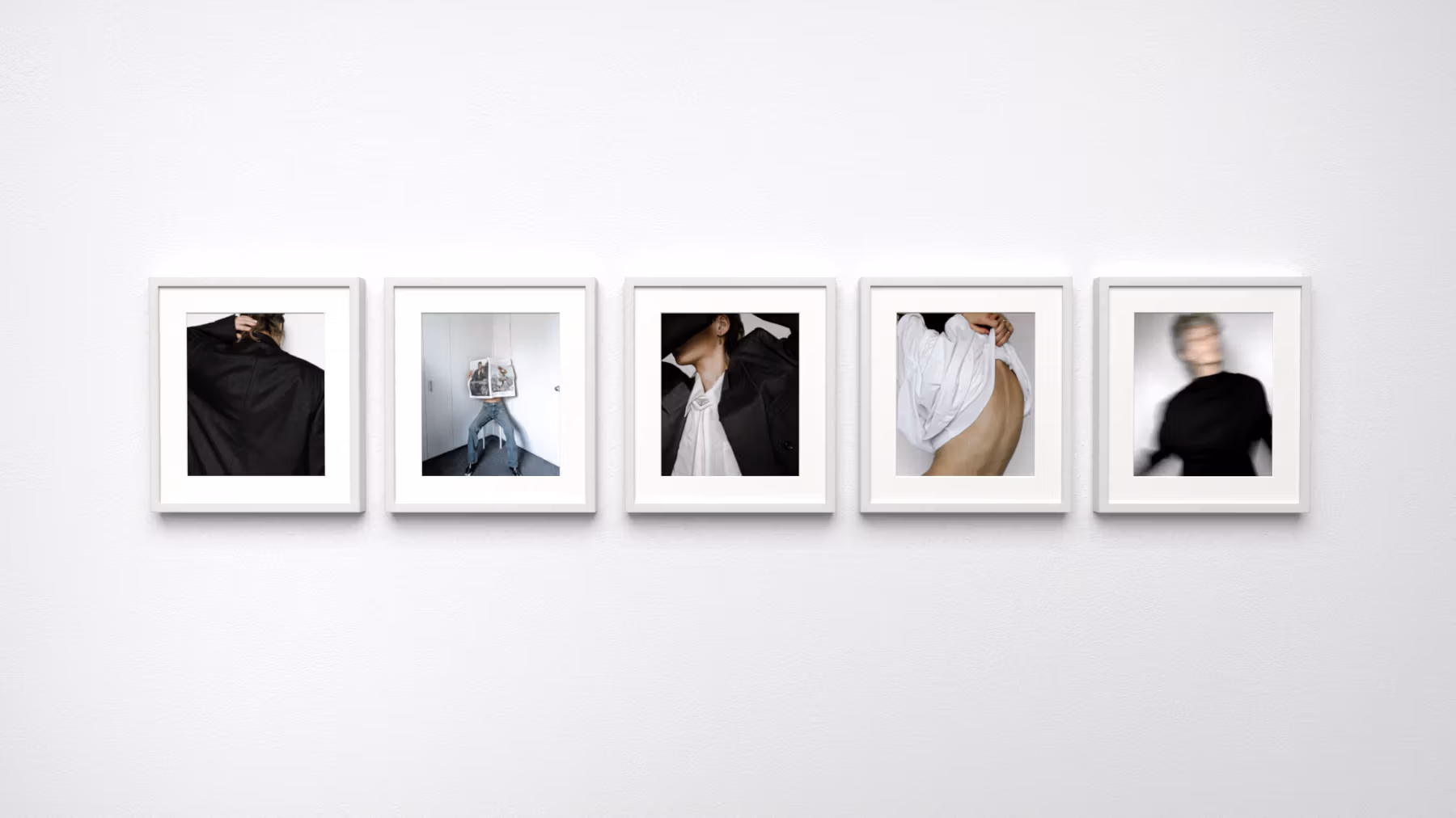 Five color photographs in a row, each in a white frame, showing an abstracted view of a human figure
