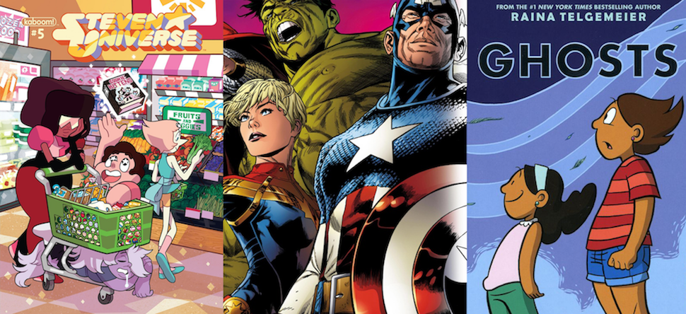 Illustrations of the cover of Steven Universe Issue #5, Marvel Comics superheroes and Raina Telgemeier's <em>Ghosts.</em>