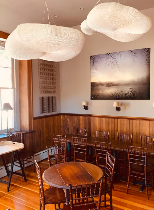 A color photograph of a restaurant's interior while it is empty.