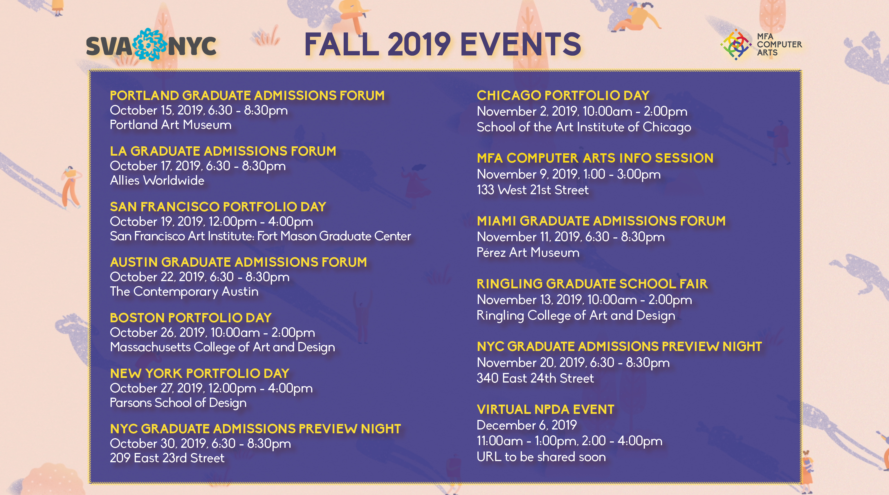 List of information about all upcoming admissions events. All information is included in post below.