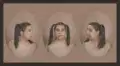 Three medallion photos of woman with hair in pigtails