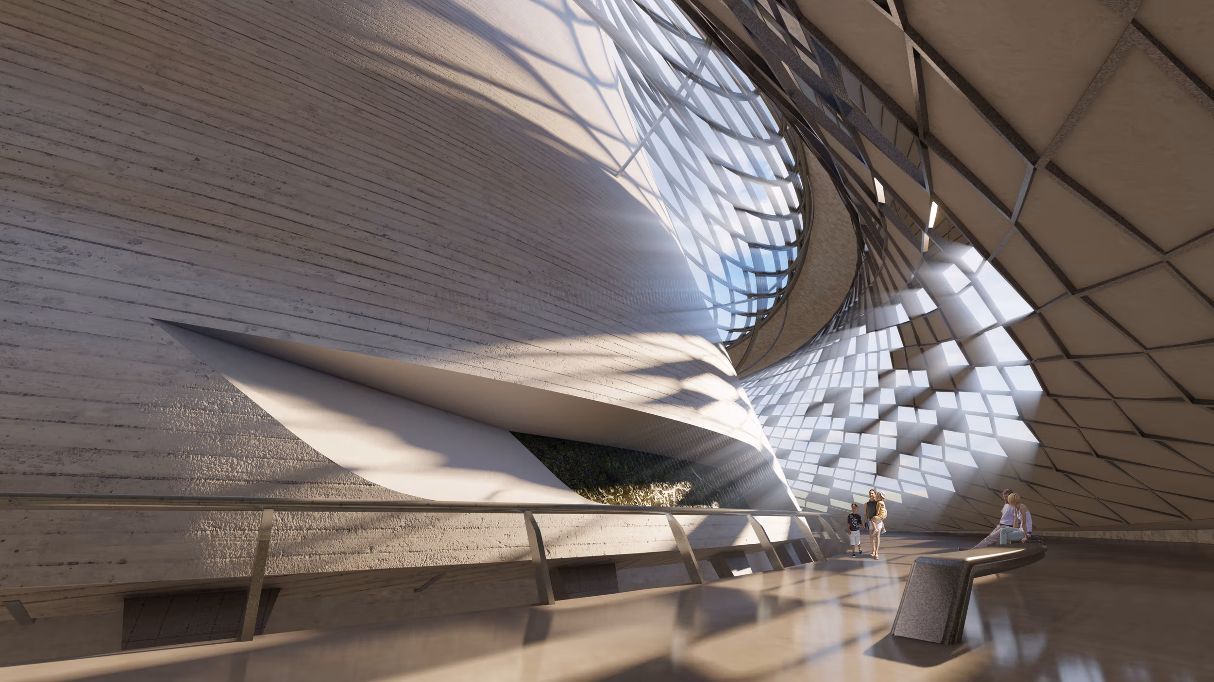 Rendering of a massive hallway with curving walls, lit by windows on the exterior wall, as people are depicted walking through the space in afternoon light.