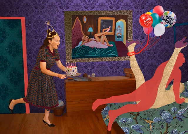 Digital collage of women in a dress running into a bedroom with a birthday cake with a surprised look on her face.