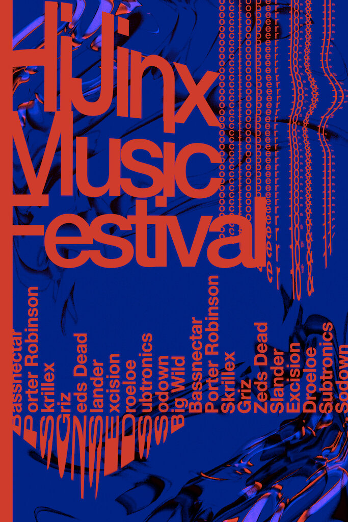 A blue poster with red graphic typography; the words Hijinx Music festival are bold and take up most of the composition