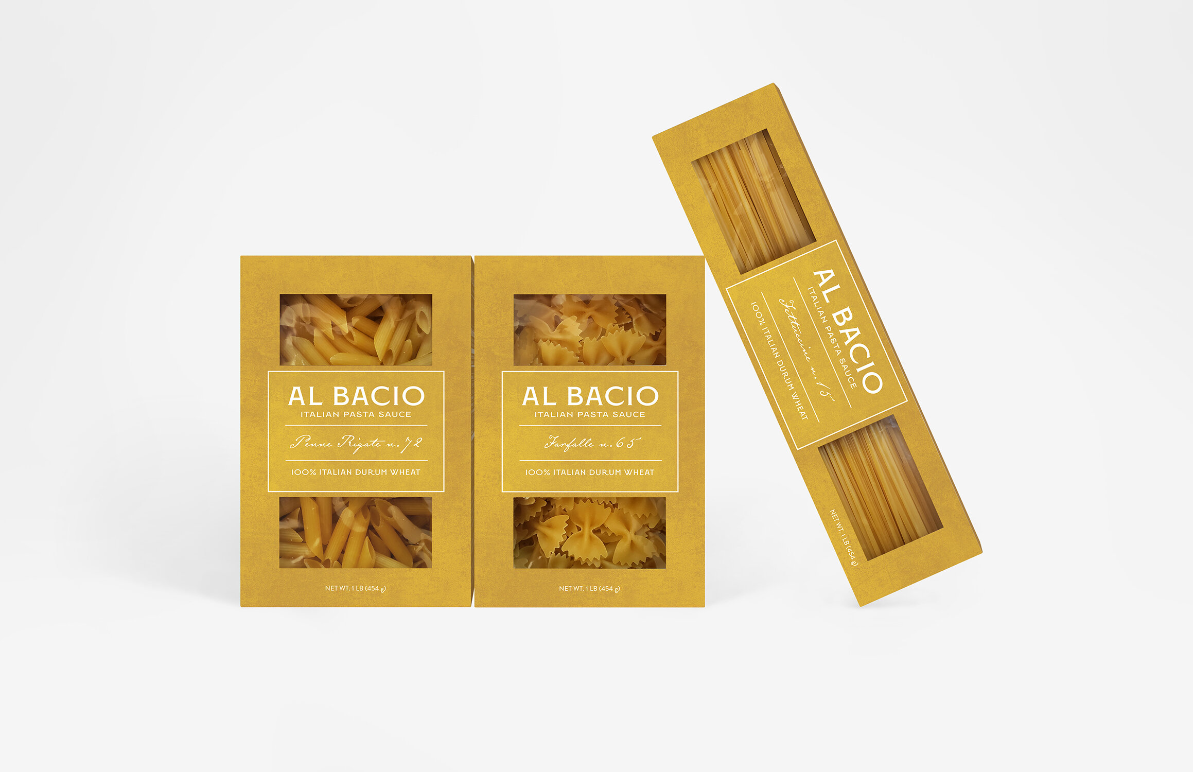 3 boxes of pasta in yellow ochre packaging