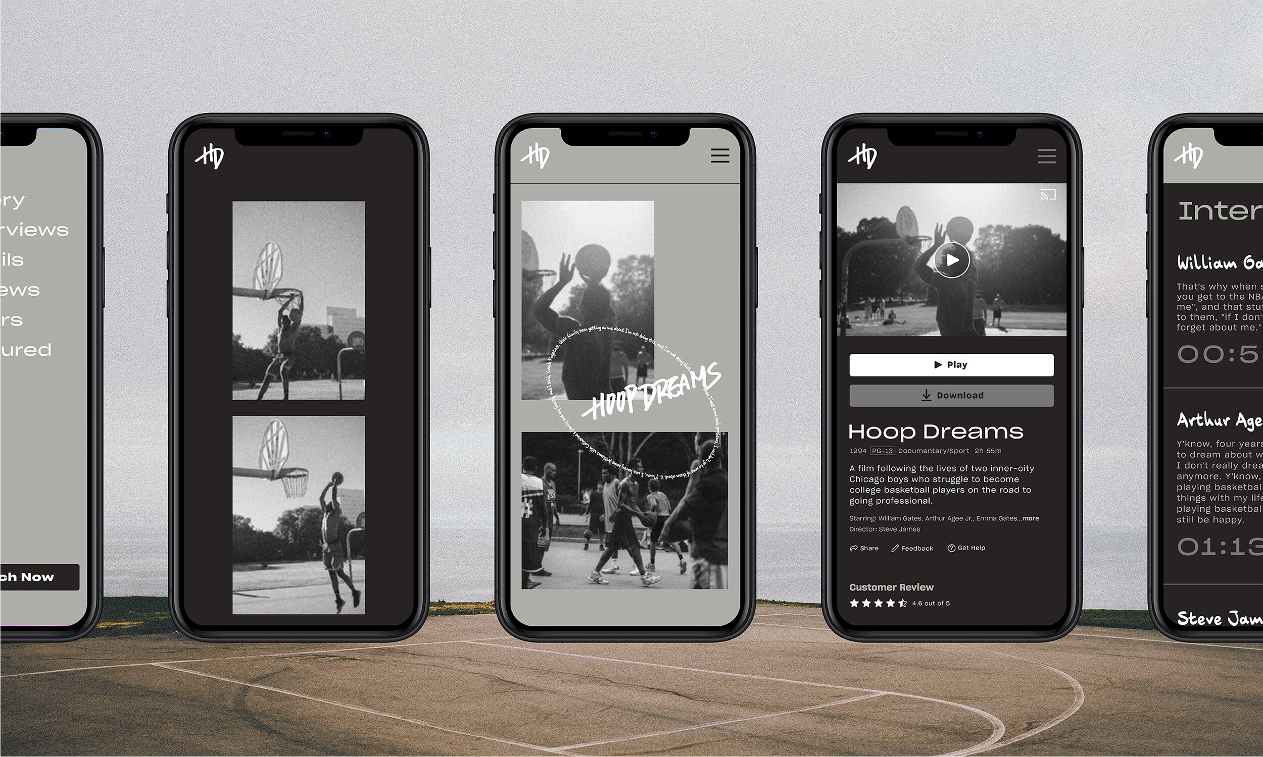 5 cellphones are lined up on a background image of an asphalt ground and grey sky, the phones displaying a black and white mobile app with photographs of people playing basketball