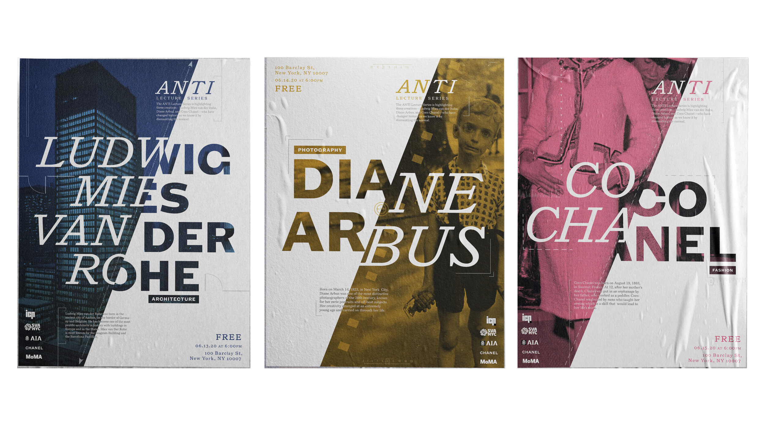 3 posters designed with a combination of Serif and Sans serif type superimposed onto monochromatic photos