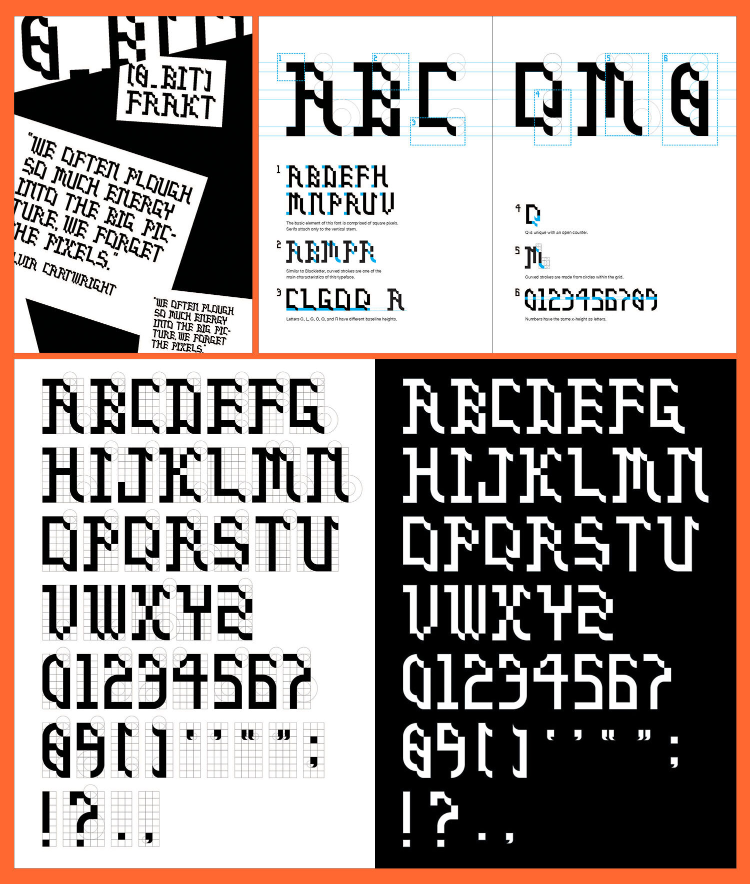 On an orange background are 4 images showing a black and white pixelated looking typography