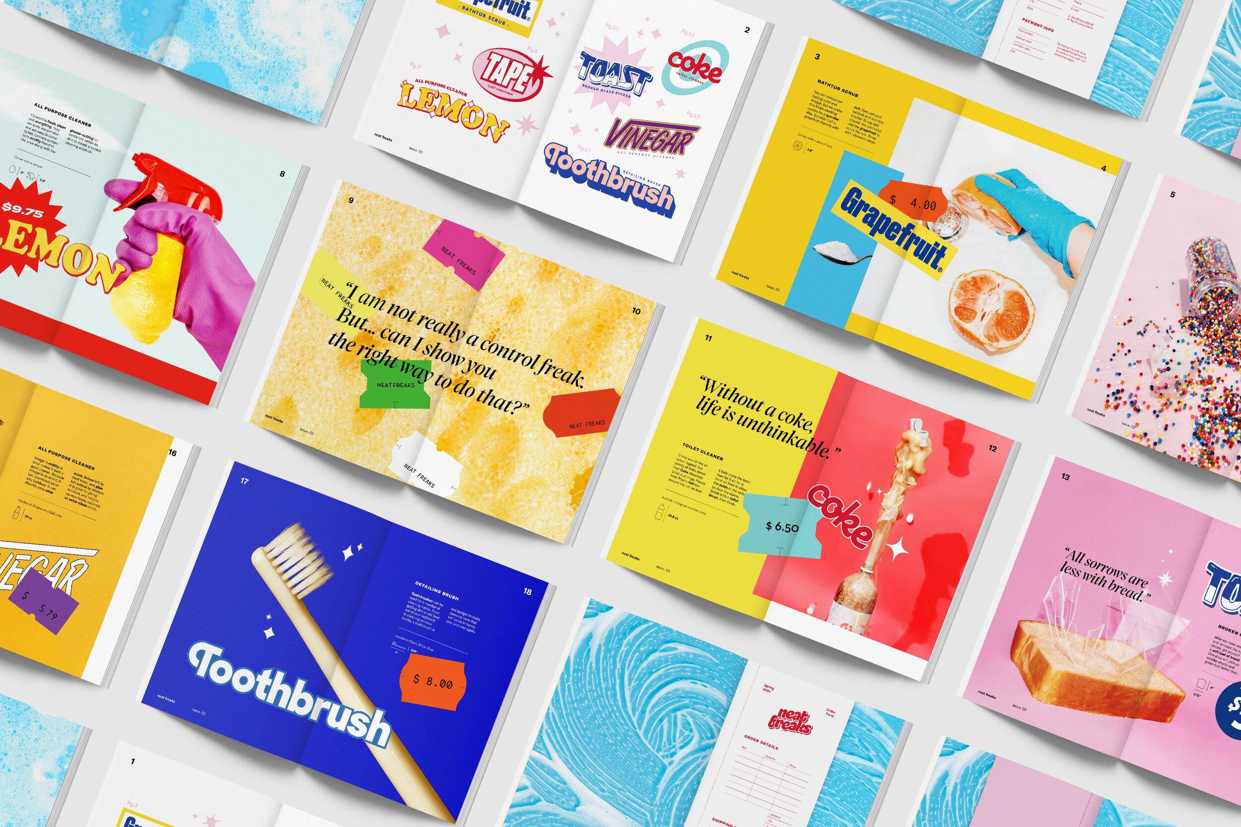 A diagonal grid of open magazines, each with colorful designs of cleaning products