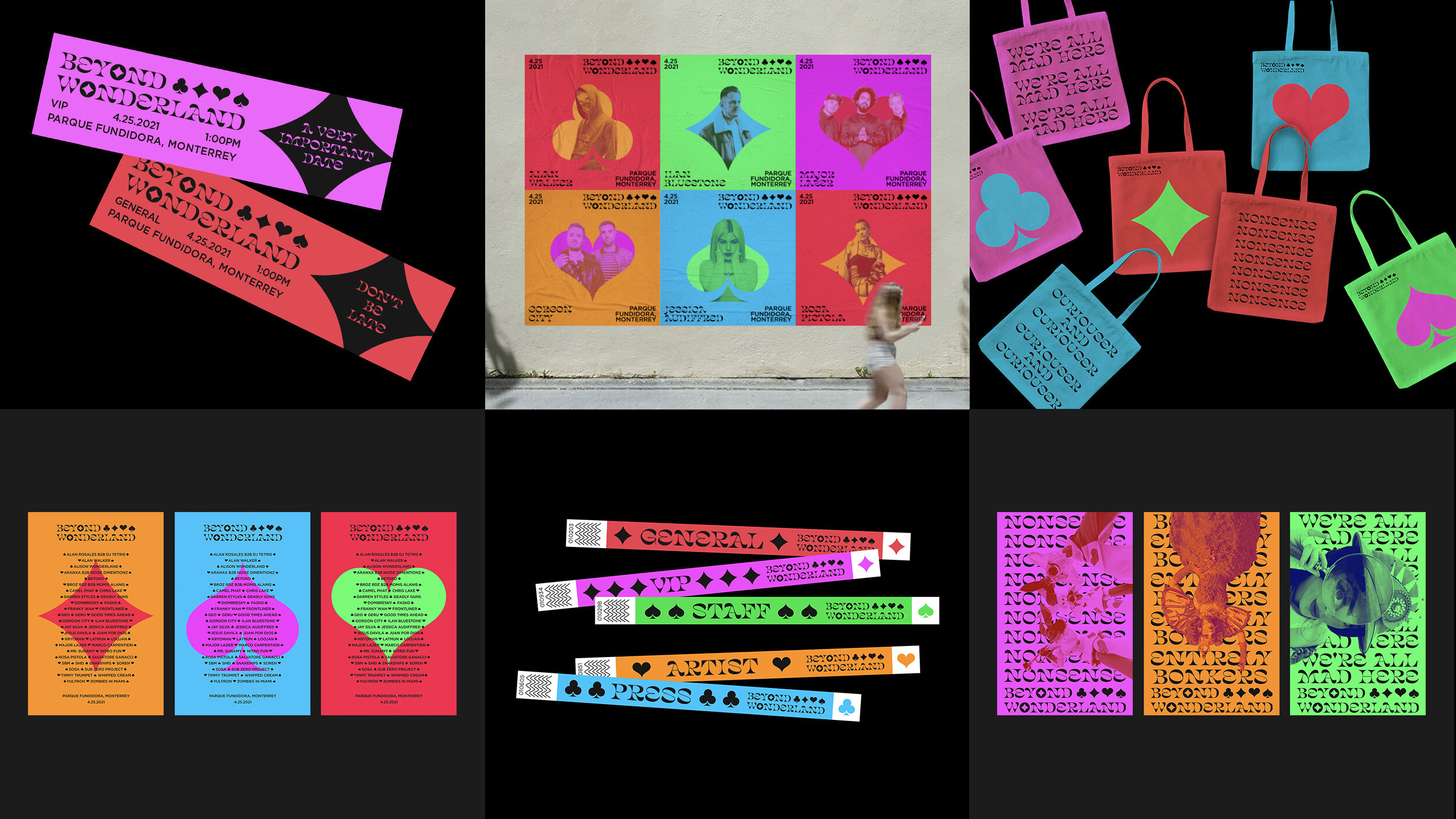 Various elements of pink, orange, green designs with card suits on posters, tote bags and wristbands
