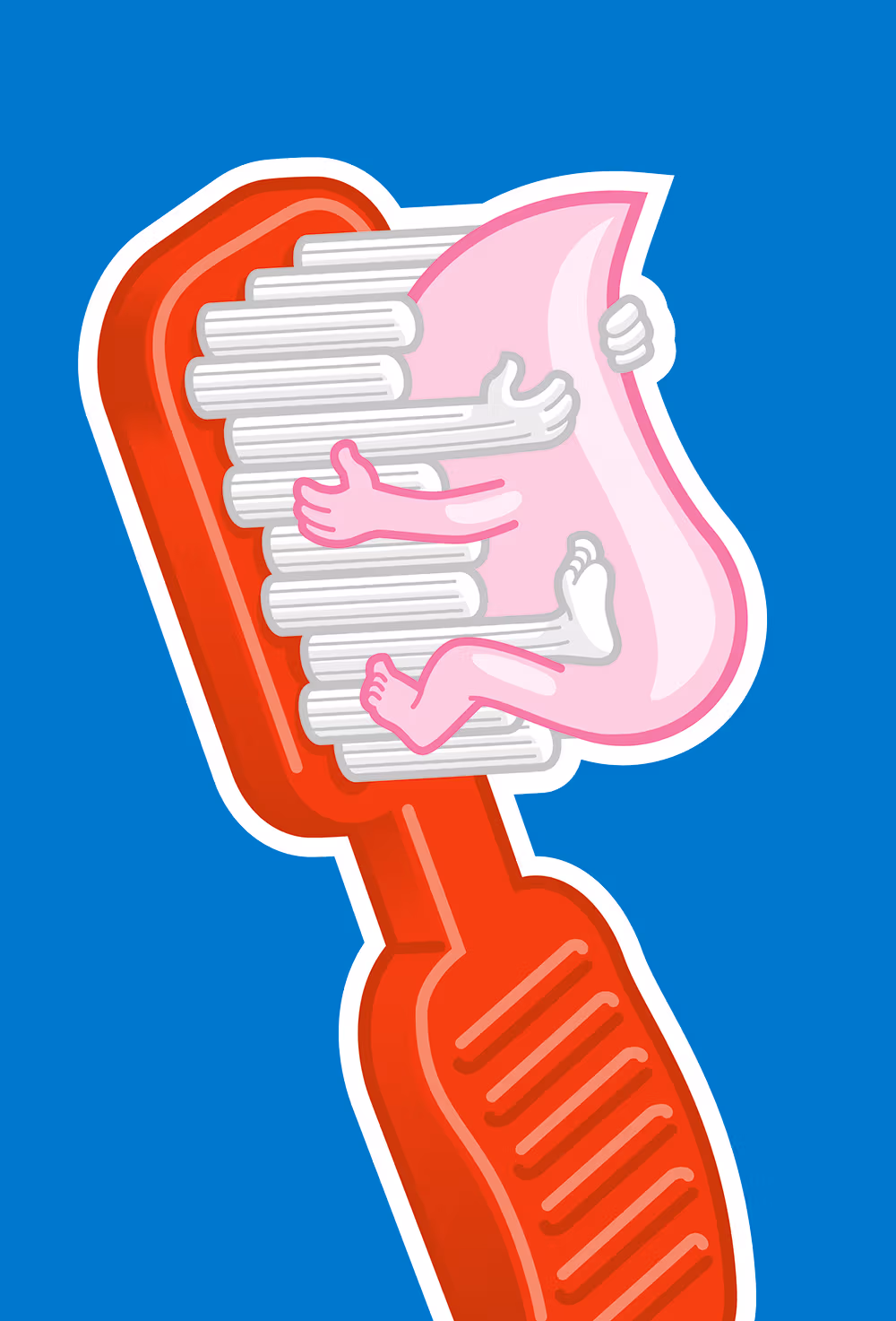 Cartoon toothbrush and toothpaste hugging.