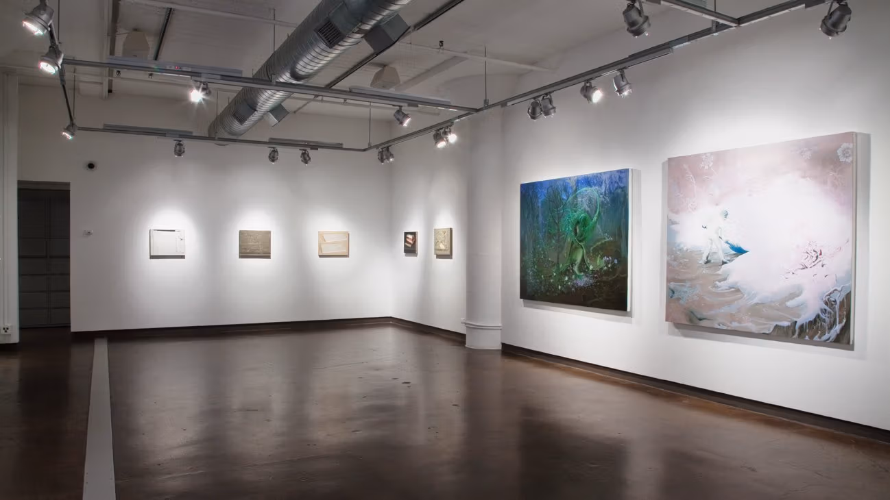 Exhibition photograph of “Between Picture and Viewer," with the five left-most paintings in neutral tones and the two on the right being colorful, fantastical depictions of an individual engaging with nature.