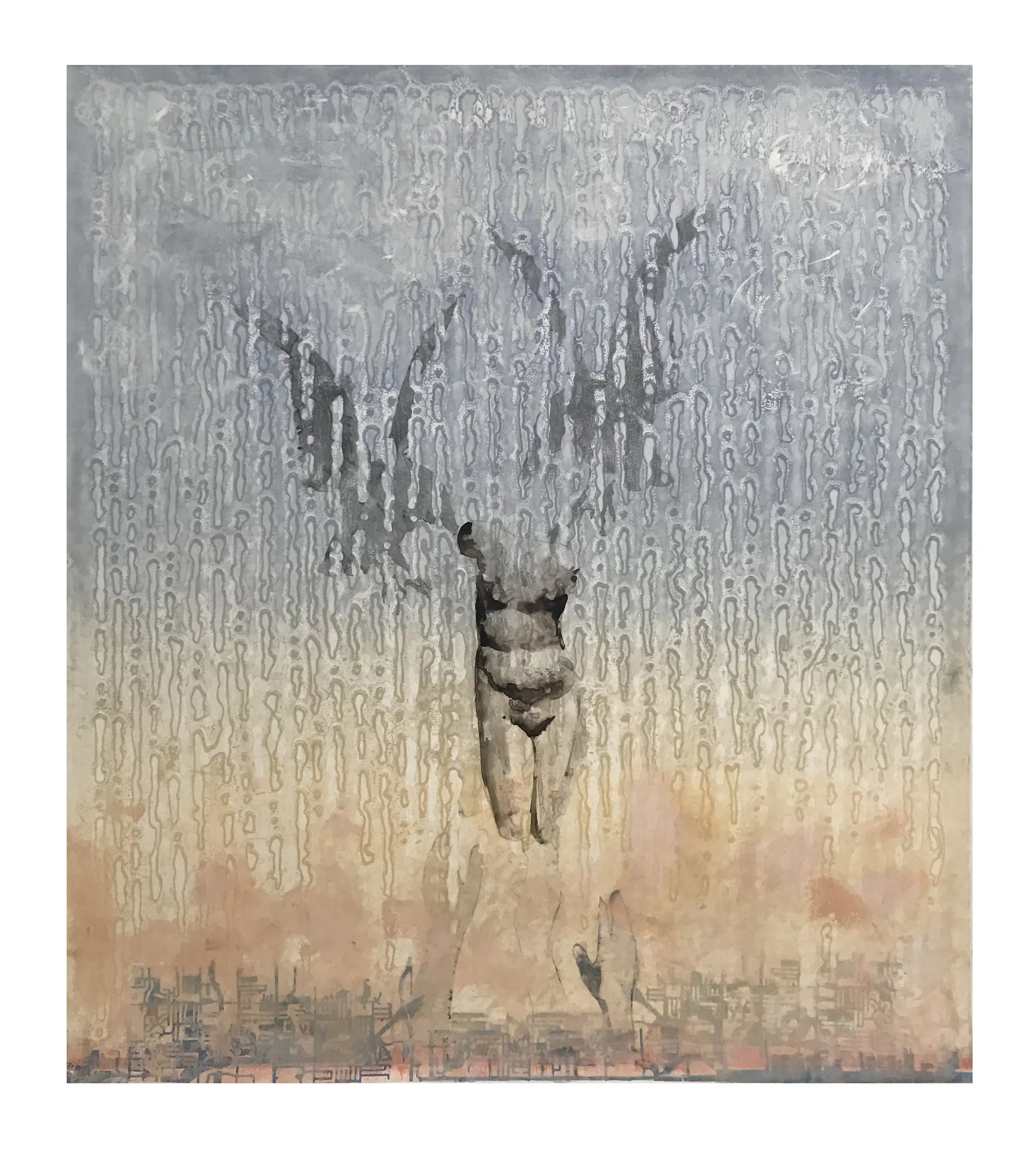 Abstract landscape with female torso in the middle painted in greyscale.