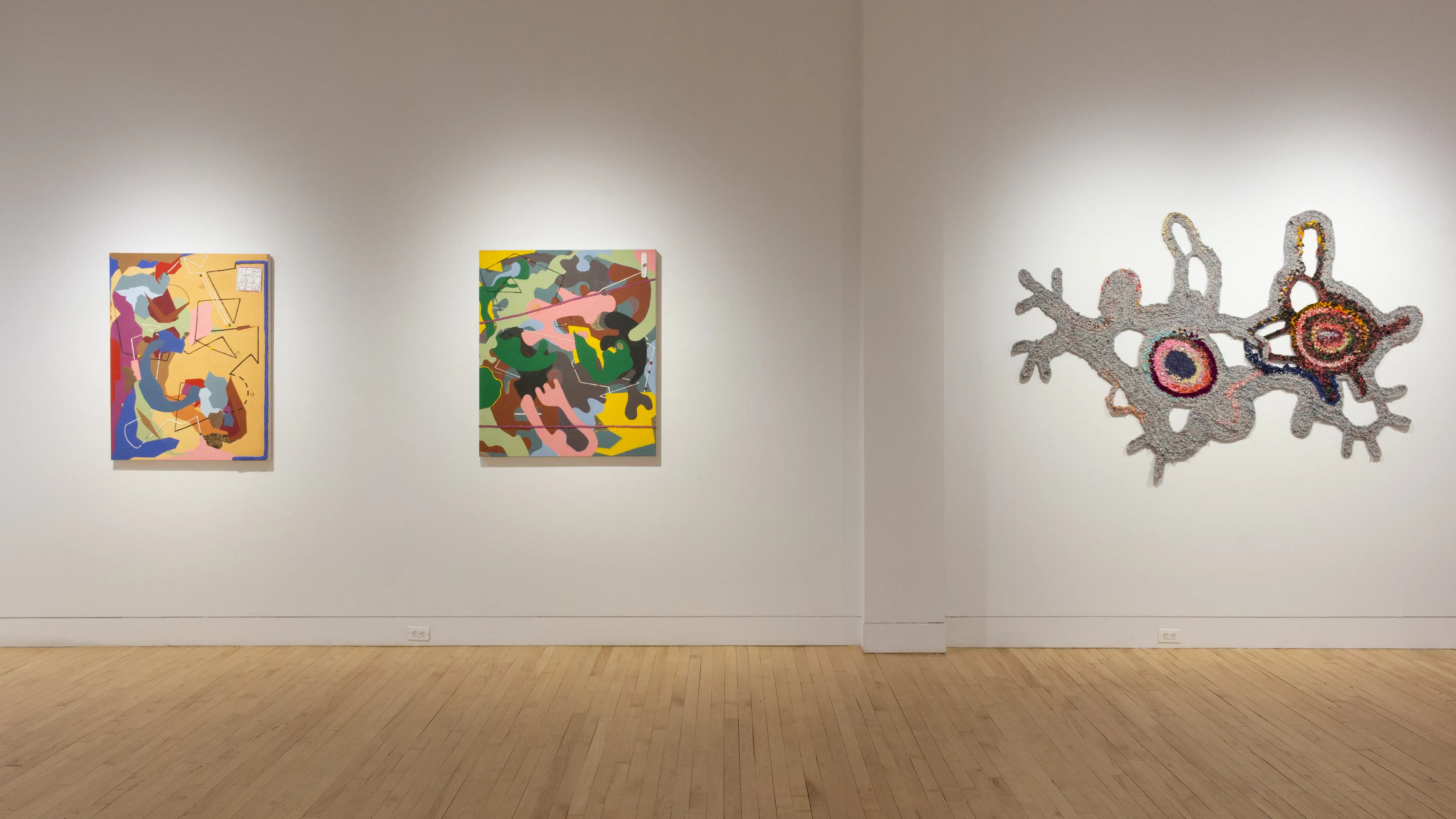 Installation image featuring two mixed media 2d works and one textile work.