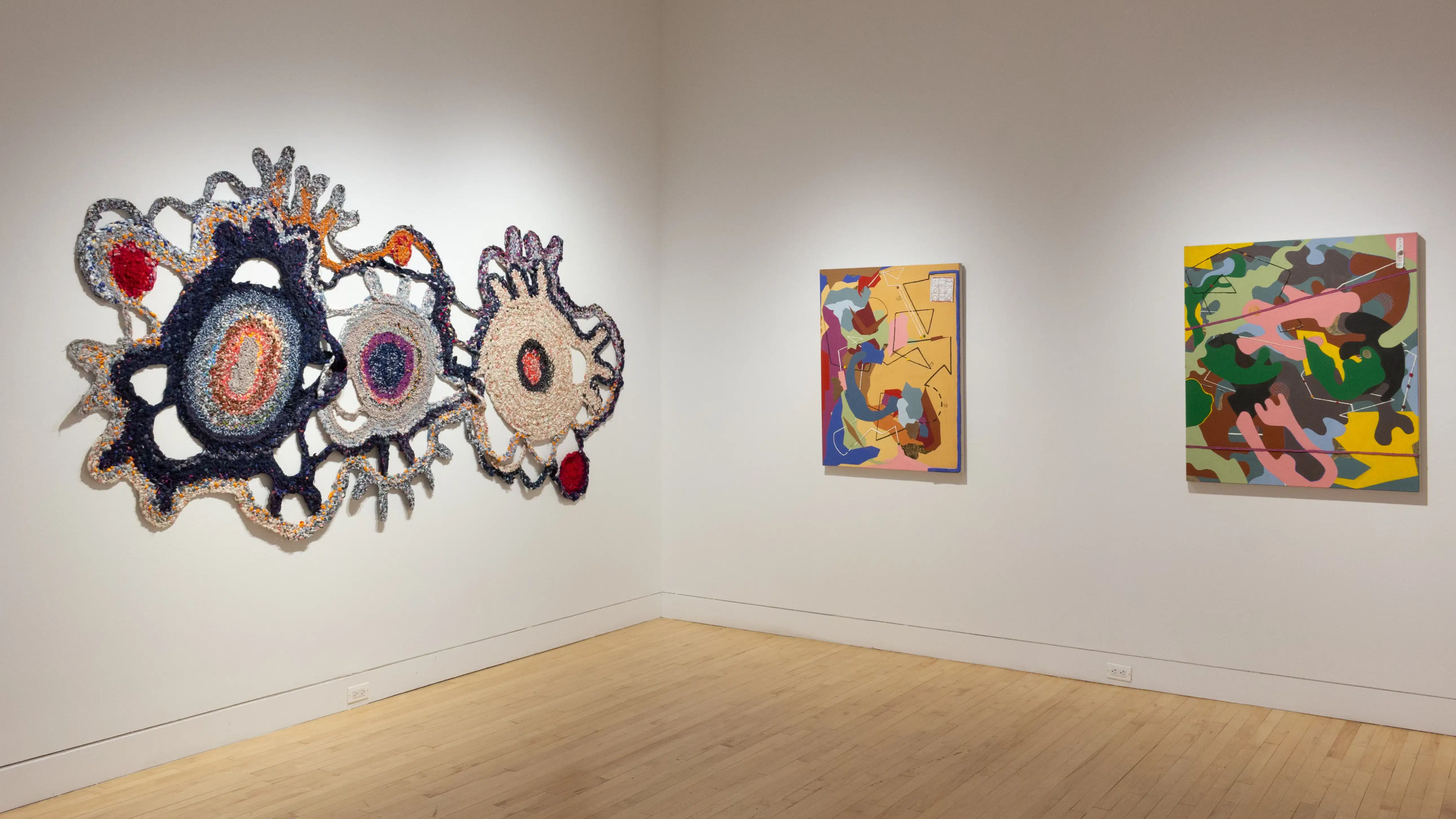 Installation image featuring two mixed media 2d works and one textile work.