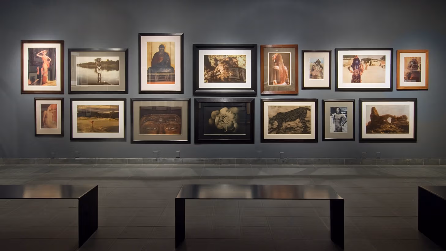 Back gallery space of the Visual Arts Museum, showing a wall with nine framed photographs of abstracted forms and landscapes on a wall, with three benches visible in center of space.