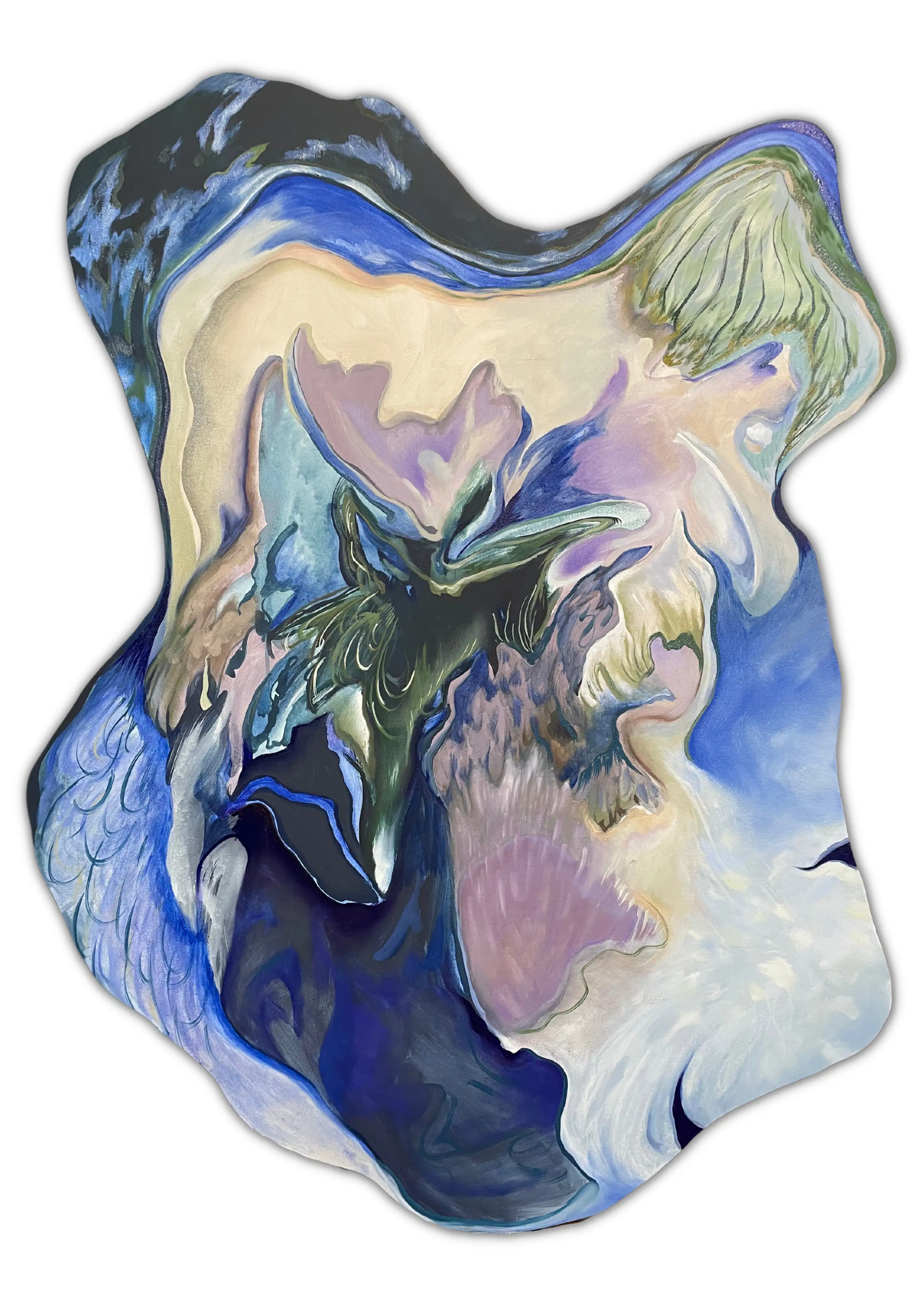 Shaped canvas of abstract painting in blue and ochre.